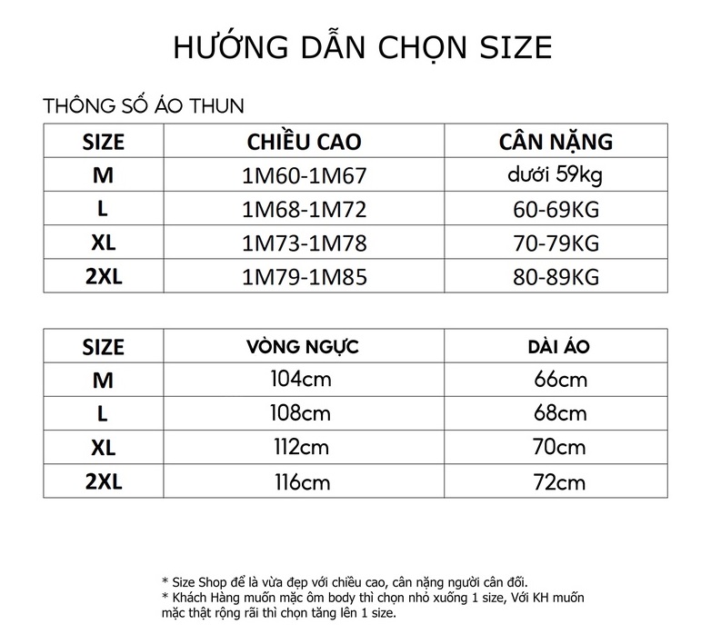 Các size của áo thun